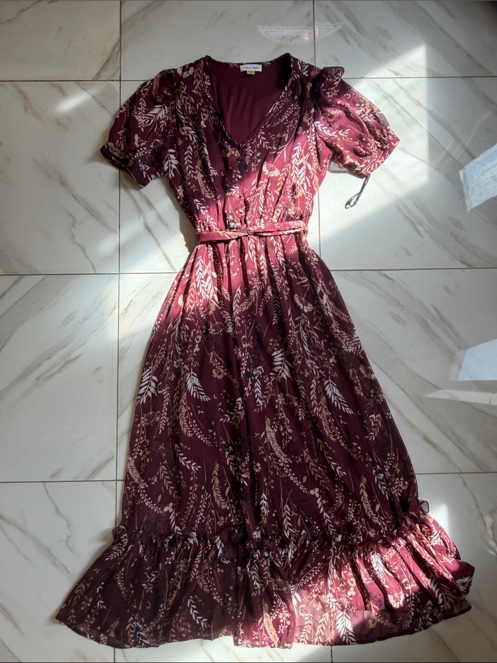 Calvin Klein Burgundy Floral V-Neck Midi Dress
